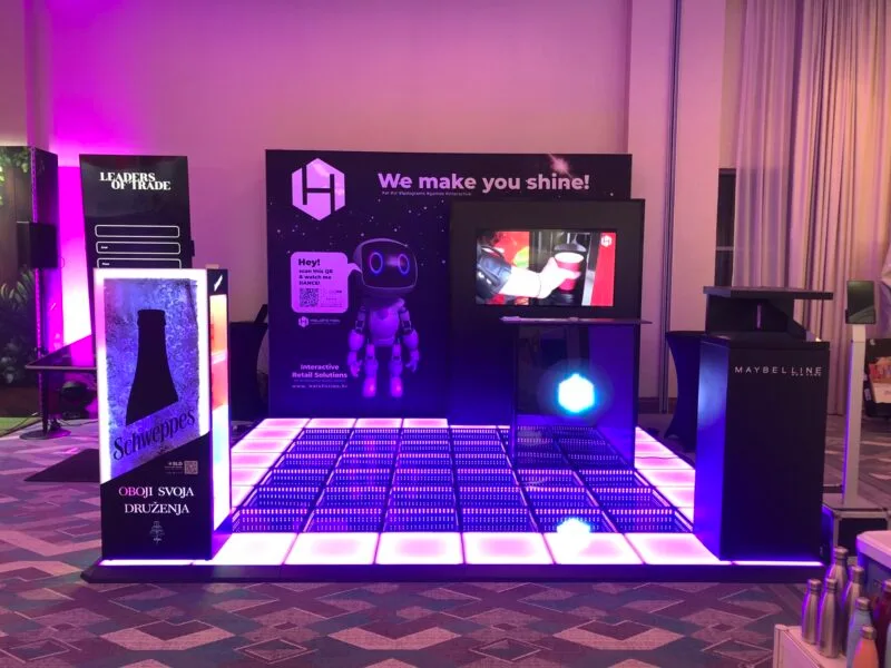 modular stand with purple lighting for hotel venue